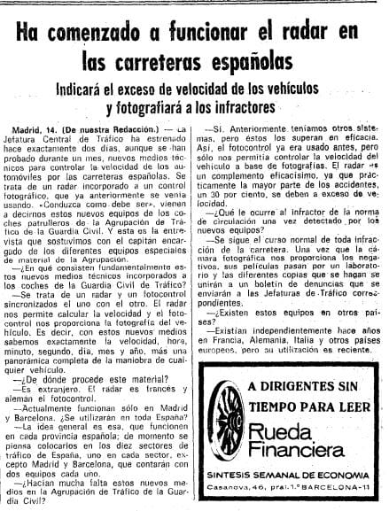 Nota de prensa sobre radar de tráfico en un medio de Barcelona en 1970