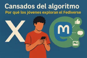 Ilustración digital que muestra a un joven mirando su móvil entre los logos de X (antes Twitter) y Mastodon, con el título "Cansados del algoritmo - Por qué los jóvenes exploran el Fediverse", representando la migración hacia redes sociales descentralizadas.