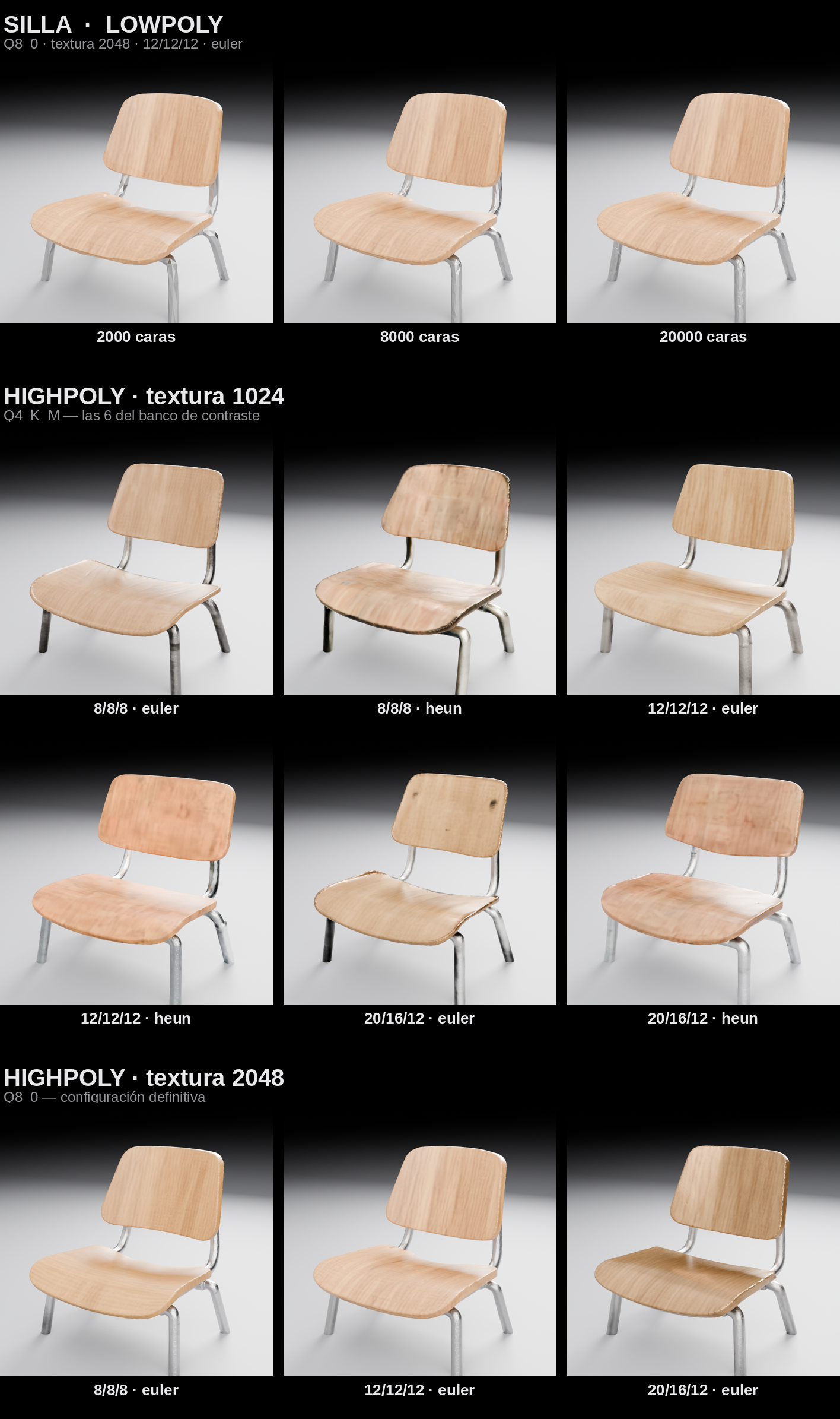Comparison of the chair generated with TRELLIS 2: lowpoly versus highpoly with texture 1024 and 2048