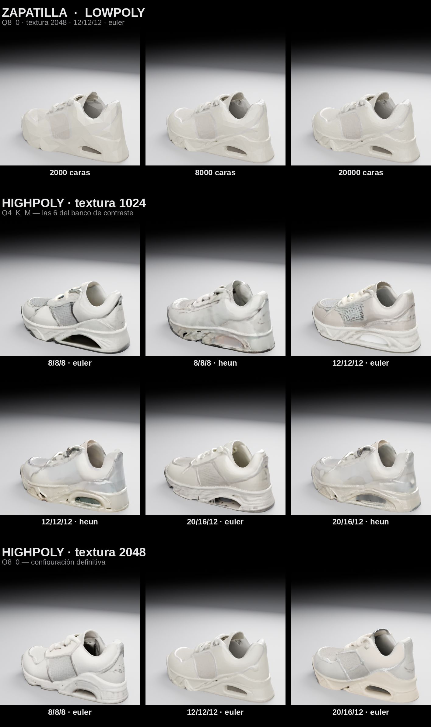 Comparison of the sneaker generated with TRELLIS 2: lowpoly versus highpoly with texture 1024 and 2048