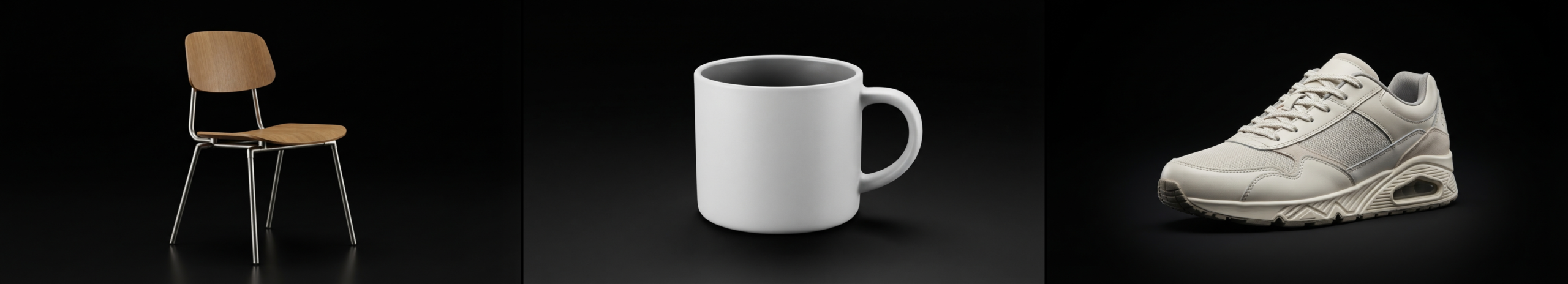 The benchmark's three starting images: the chair, the mug and the sneaker, on a black background