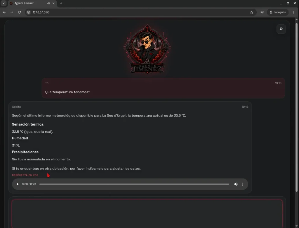 Real Agente Jiménez interface answering a weather request through a locally operated agent
