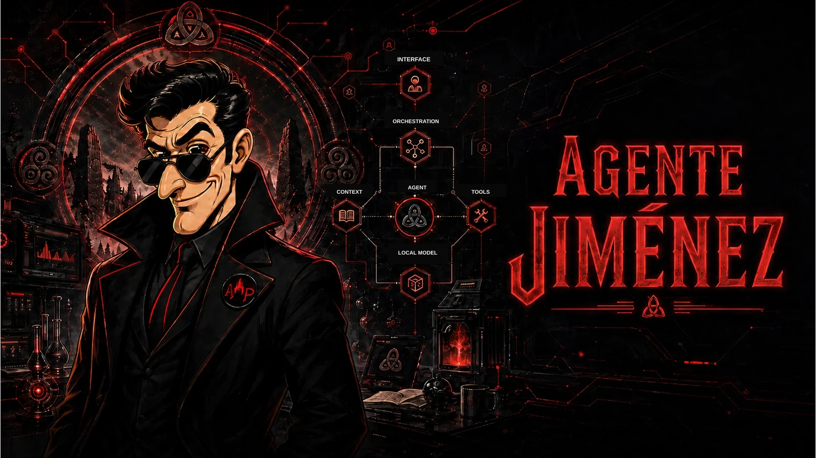 Agente Jiménez beside a diagram of the interface, orchestrator, context, tools, and local model