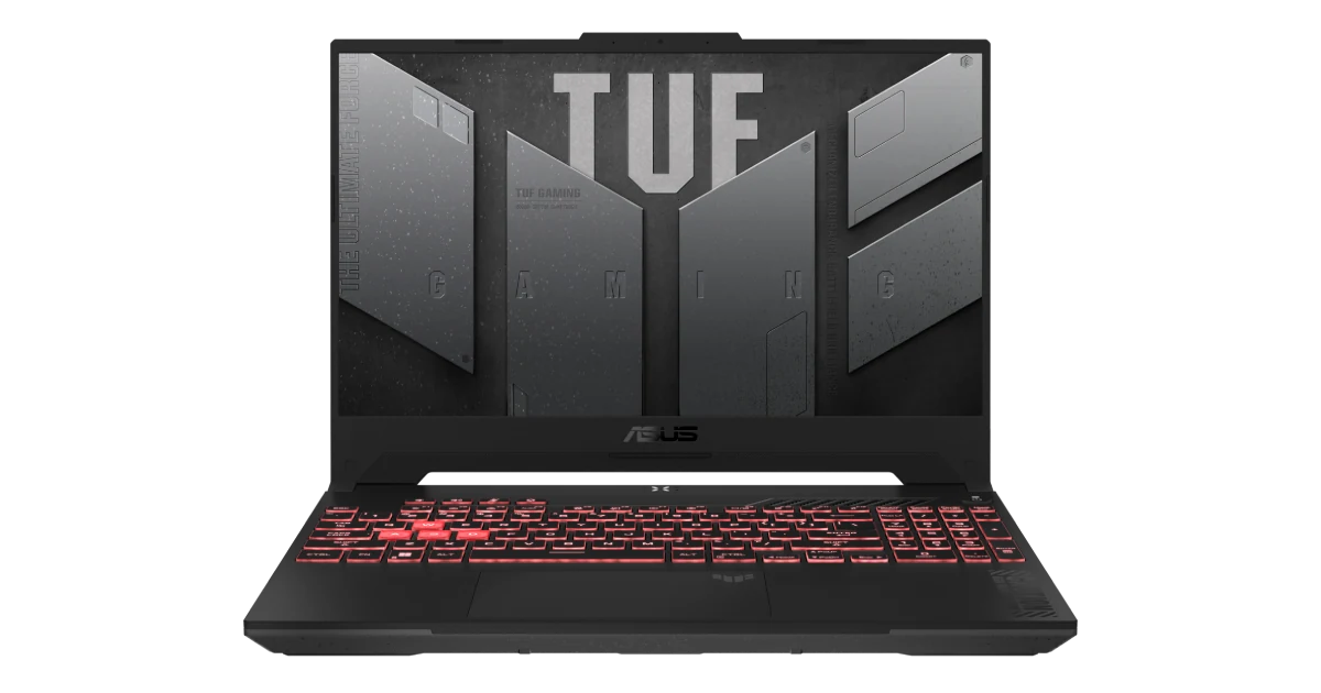 Portátil ASUS TUF Gaming A15 abierto con teclado iluminado en rojo