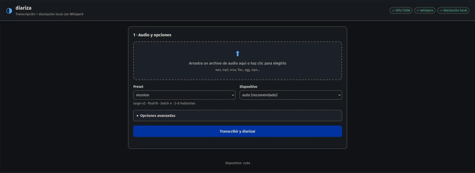 Interfaz web de Diariza: subir el audio y elegir preset y dispositivo.