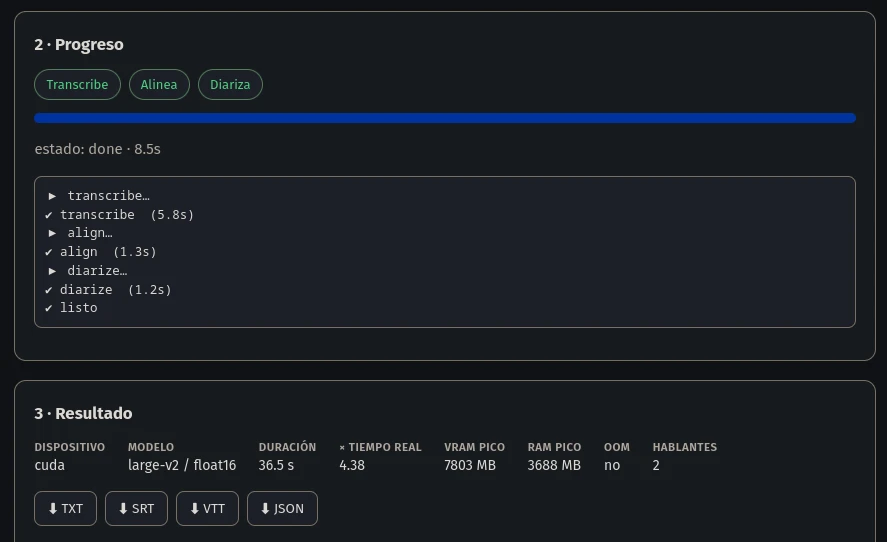 Diariza: progreso por etapas y panel de resultado con tiempo, VRAM, RAM y OOM.