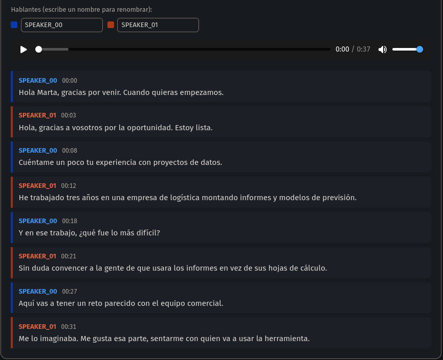 Diariza: transcripción coloreada por hablante junto al reproductor de audio.