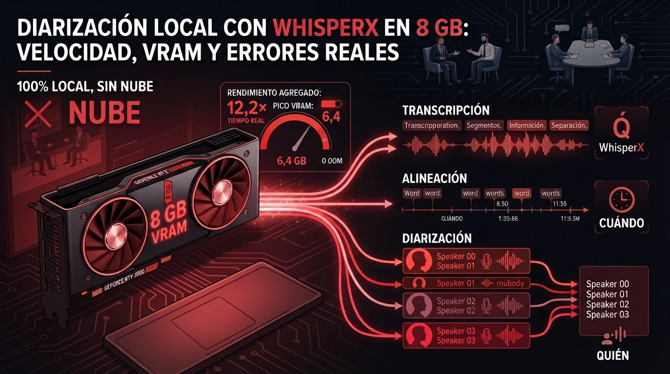 Diarización local con WhisperX en una GPU de 8 GB, sin nube.