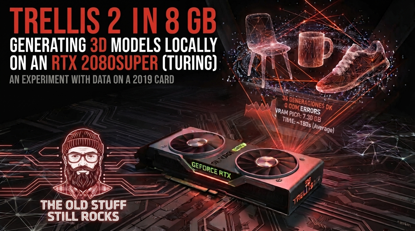 TRELLIS 2 on 8 GB: generating 3D models locally on an RTX 2080 SUPER (Turing). An experiment with data on a 2019 card.