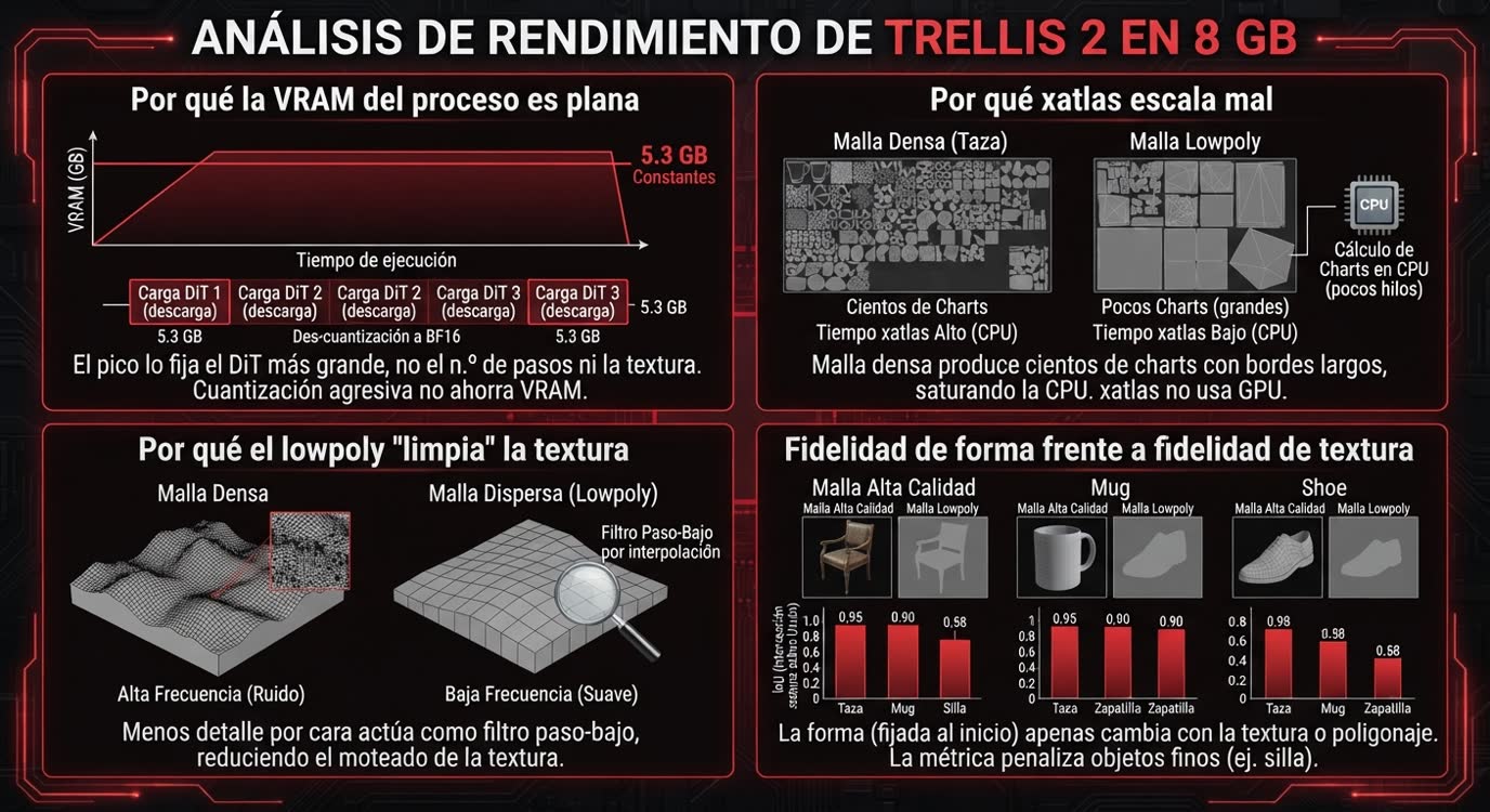 Infografía que resume la discusión: por qué la VRAM del proceso es plana (el pico lo fija el DiT más grande ya des-cuantizado), por qué xatlas escala mal (las mallas densas generan cientos de charts en CPU), por qué el lowpoly limpia la textura (la interpolación actúa como filtro paso-bajo) y fidelidad de forma frente a fidelidad de textura (el IoU de silueta apenas se mueve con la textura o el número de polígonos).