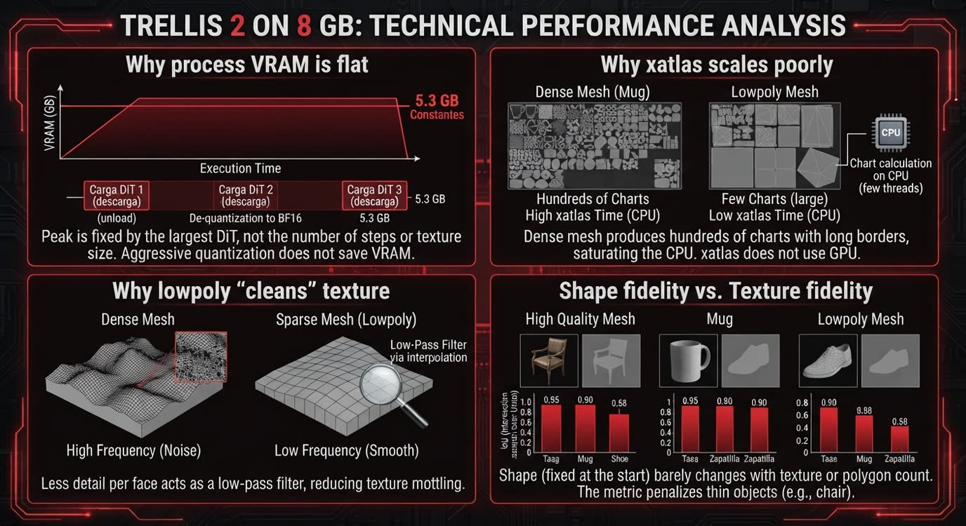 Infographic summarizing the discussion: why process VRAM is flat (the peak is set by the largest already-dequantized DiT), why xatlas scales poorly (dense meshes produce hundreds of CPU-bound charts), why lowpoly cleans the texture (interpolation acts as a low-pass filter) and shape fidelity versus texture fidelity (the silhouette IoU barely moves with texture or polygon count).