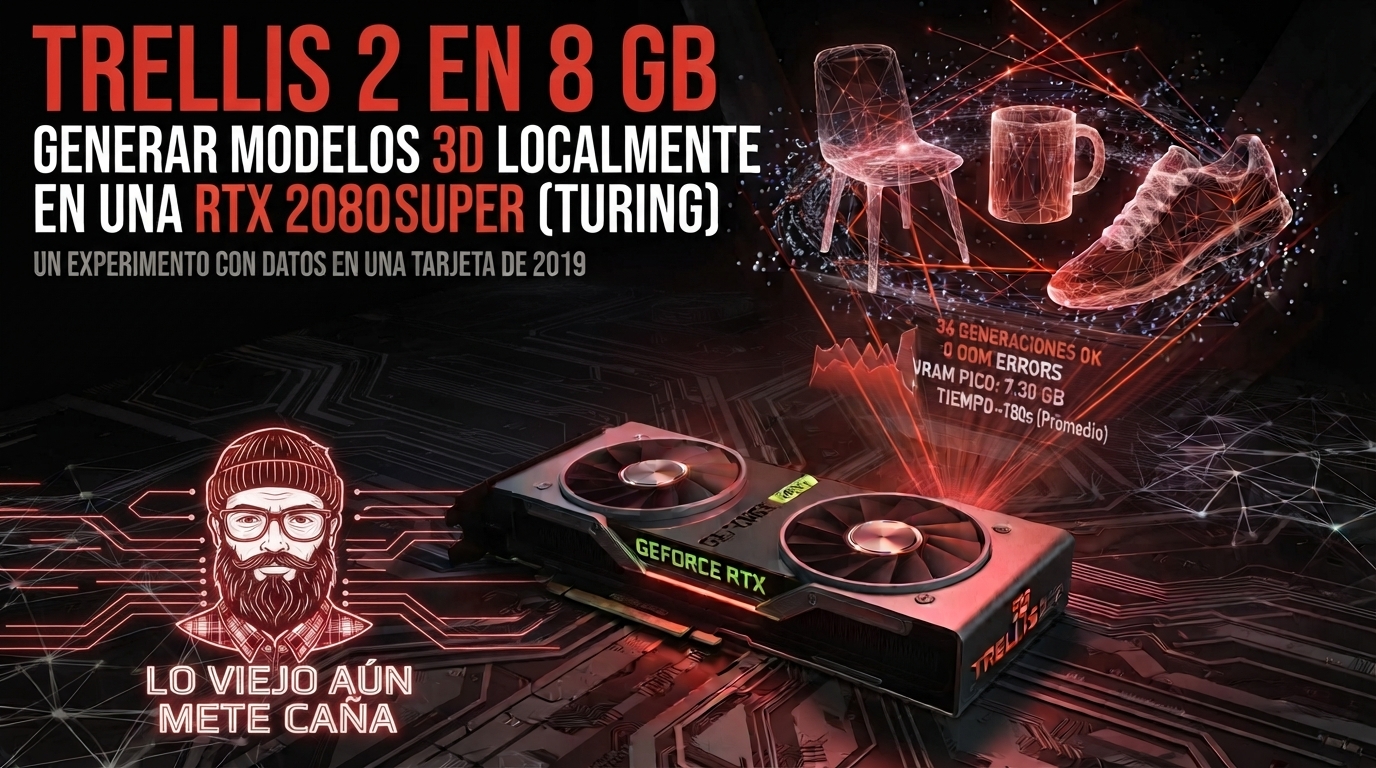 TRELLIS 2 en 8 GB: generar modelos 3D localmente en una RTX 2080 SUPER (Turing). Un experimento con datos en una tarjeta de 2019.