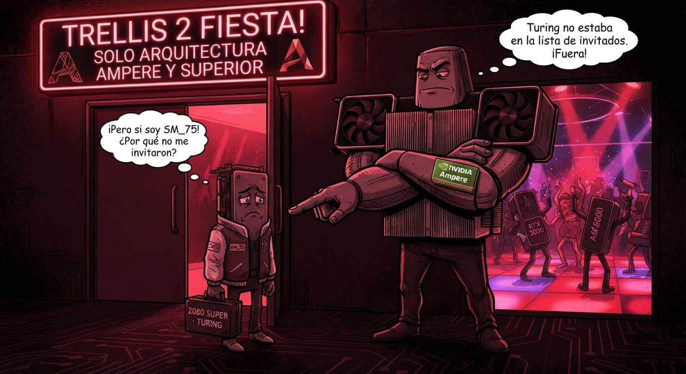 Viñeta: un portero fornido con la etiqueta NVIDIA Ampere bloquea la puerta de la «Fiesta de TRELLIS 2 — solo arquitectura Ampere o superior» y señala la salida a una pequeña RTX 2080 SUPER (Turing) cabizbaja, que piensa «¡Pero si soy sm_75! ¿Por qué no me han invitado?» mientras dentro bailan tarjetas RTX 3090 y A6000.