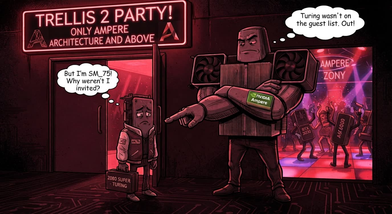 Cartoon: a muscular bouncer labeled NVIDIA Ampere blocks the door of the «TRELLIS 2 Party — only Ampere architecture and above» and points a small, dejected RTX 2080 SUPER (Turing) away; the little card thinks «But I'm sm_75! Why weren't I invited?» while RTX 3090 and A6000 cards dance inside.