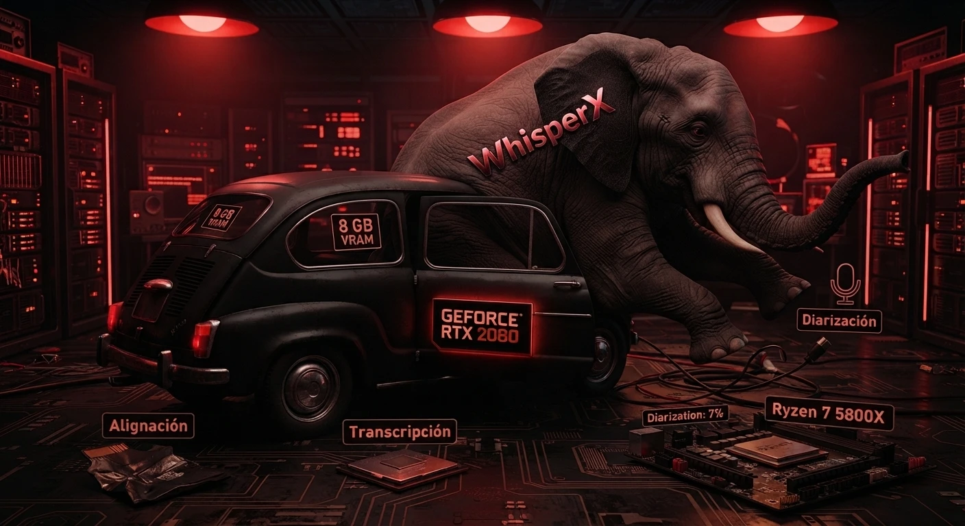 WhisperX sobre una RTX 2080 de 8 GB y un Ryzen 7 5800X: transcripción, alineación y diarización.