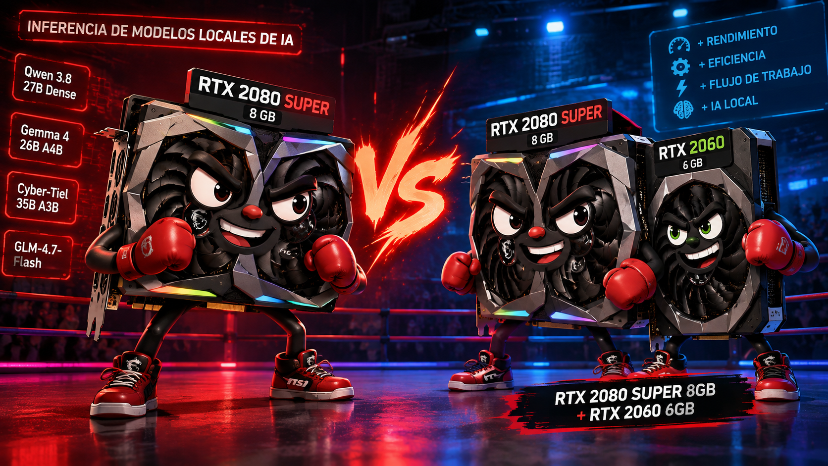 Ilustración: RTX 2080 SUPER sola contra RTX 2080 SUPER + RTX 2060, representando la comparación de una GPU frente a dos