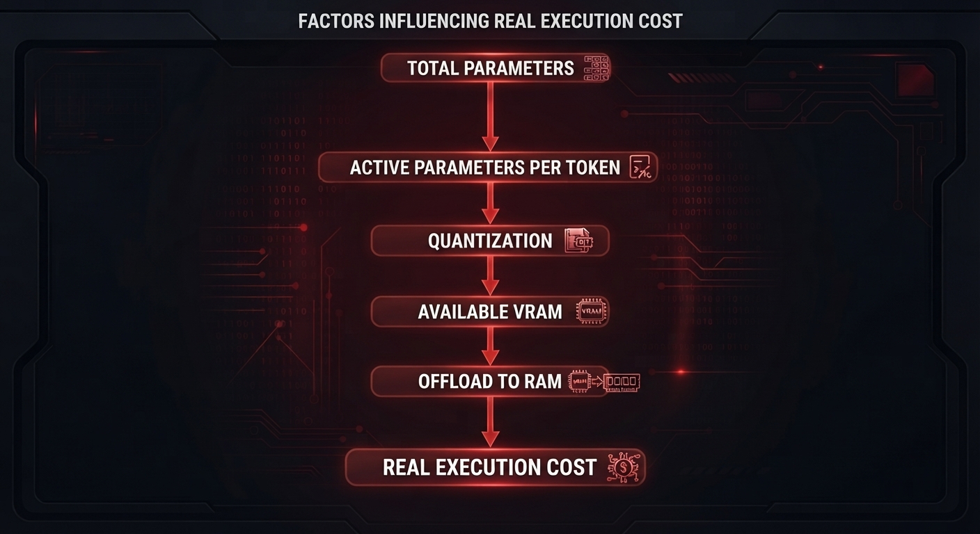 Diagram: factors influencing real execution cost — total parameters, active parameters per token, quantization, available VRAM, offload to RAM, real execution cost