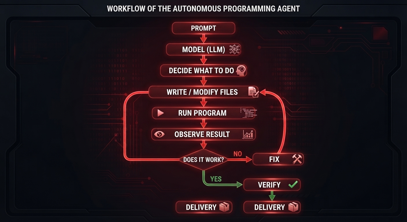Flowchart of the autonomous programming agent: prompt, model, decide what to do, write or modify files, run the program, observe the result, does it work? if not, fix it and run again; if yes, verify and deliver