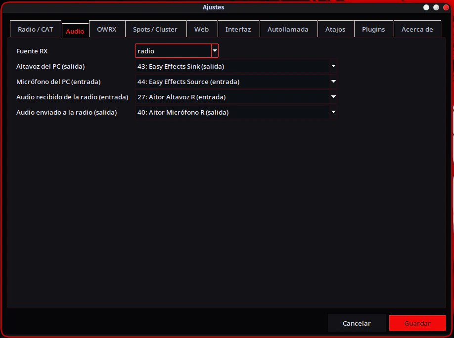 PoorSDR4All audio settings with speaker, microphone, and uSDX input and output connections.