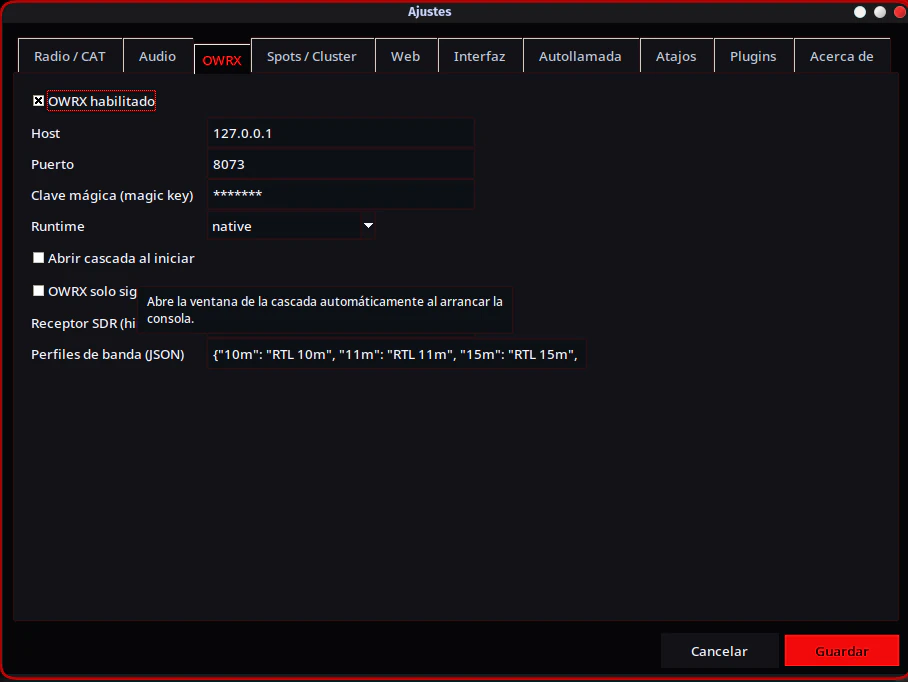 PoorSDR4All OWRX tab with OpenWebRX Plus host, port, runtime, and band profiles.