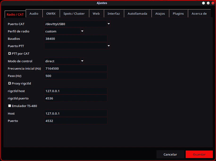 PoorSDR4All Radio/CAT settings with serial port, uSDX profile, rigctld proxy, and TS-480 emulator.