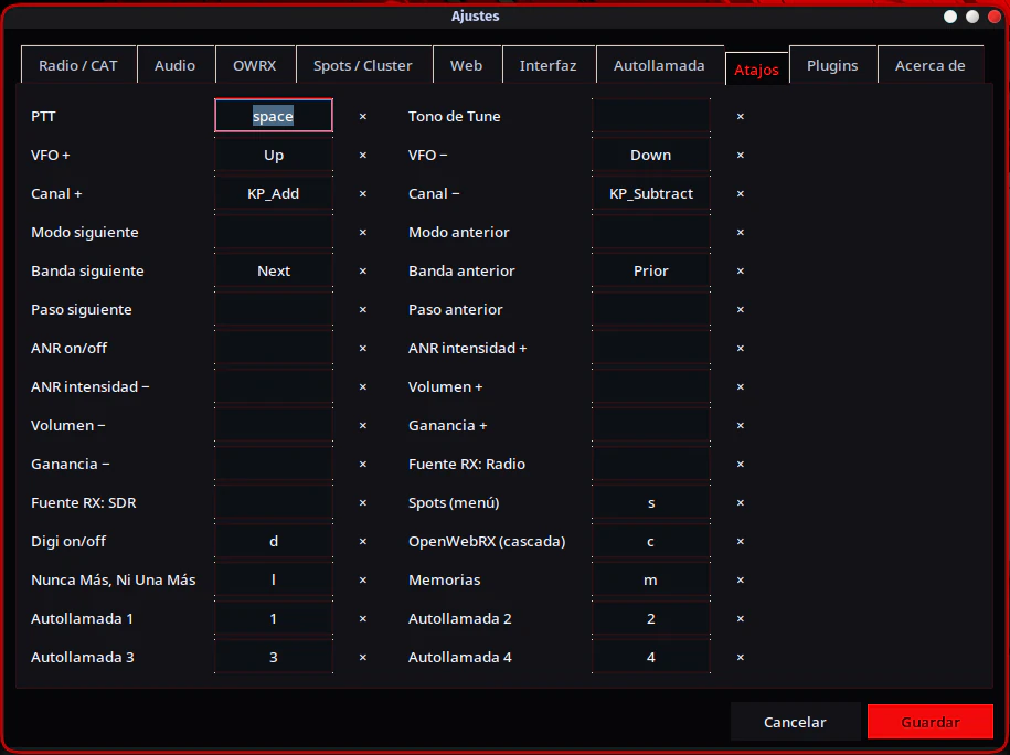 PoorSDR4All Shortcuts tab with operating actions and their configurable keys.