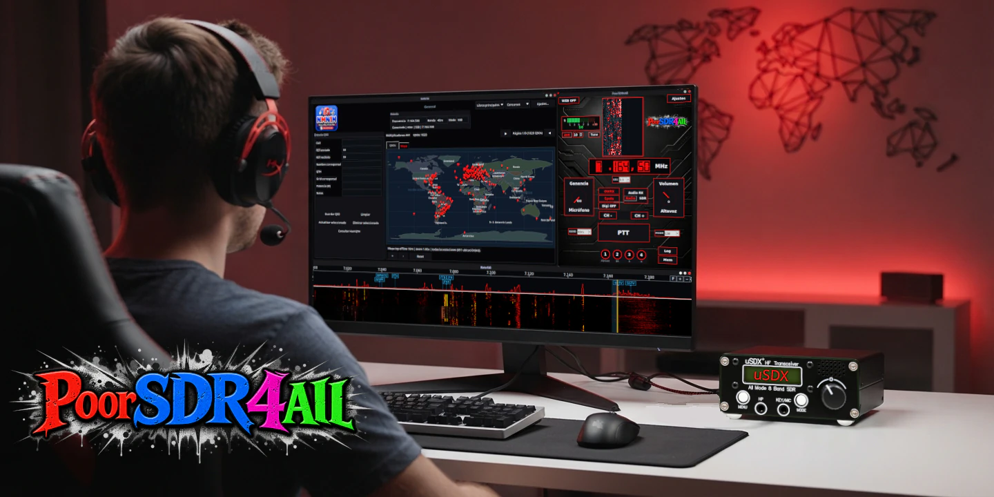 Operator using PoorSDR4All on a computer next to a uSDX transceiver.