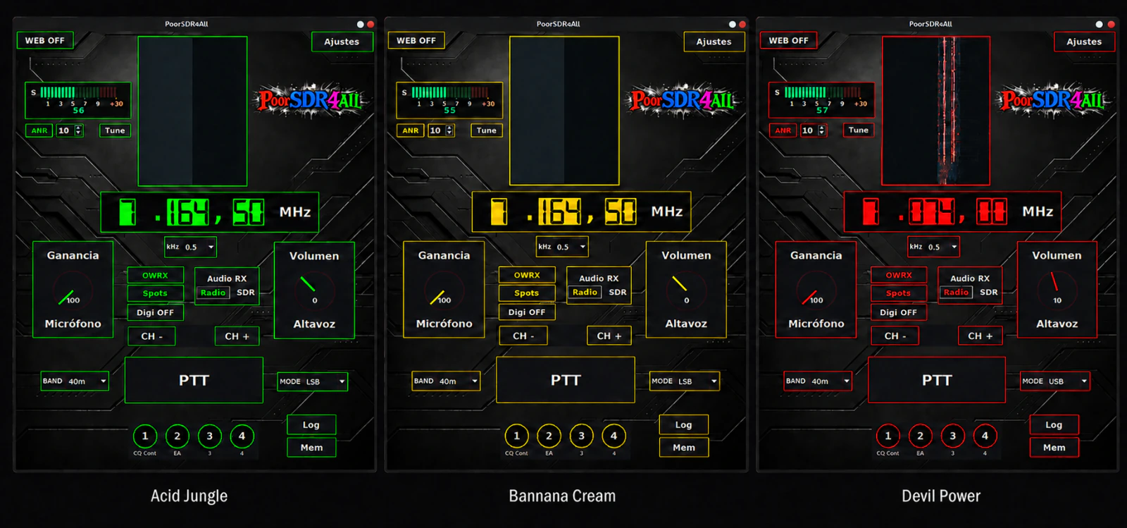 Comparison of the Acid Jungle, Bannana Cream, and Devil Power themes in the PoorSDR4All console.
