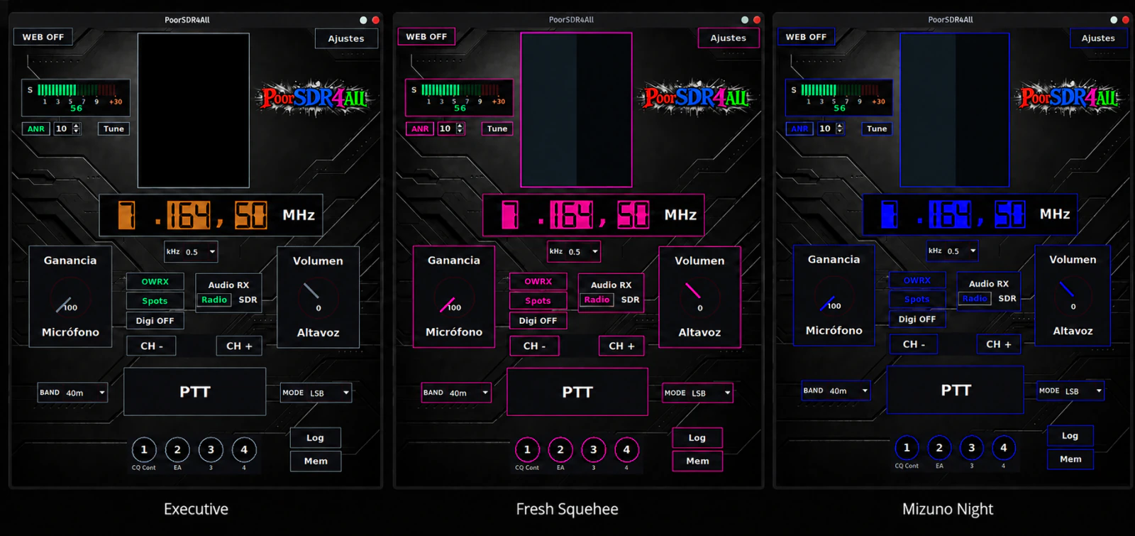 Comparison of the Executive, Fresh Squishee, and Mizuno Night themes in the PoorSDR4All console.