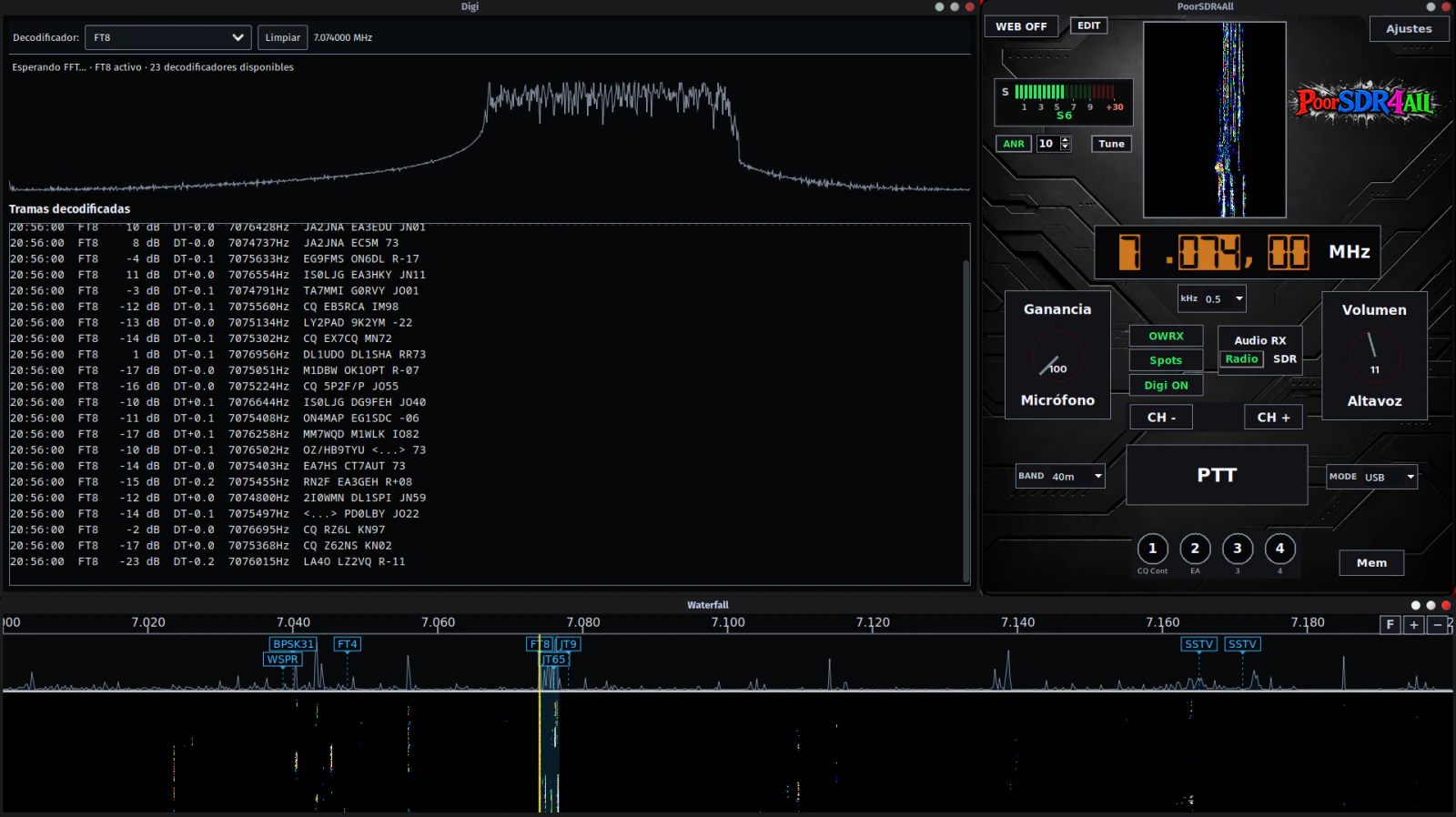 Digi viewer showing decoded FT8 frames alongside the PoorSDR4All console and waterfall.