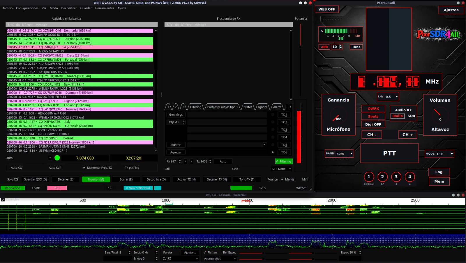WSJT-X operating FT8 alongside the PoorSDR4All console and the digital-mode waterfall.