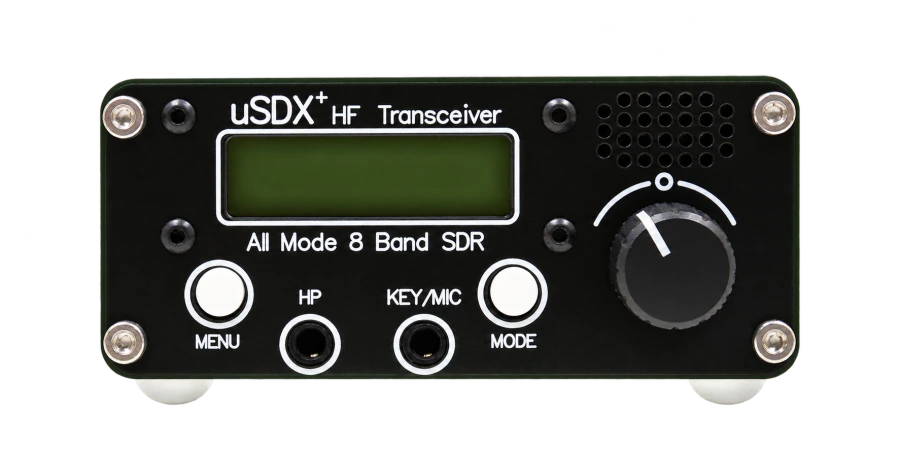 Front panel of a uSDX transceiver with its display, Menu and Mode buttons, and rotary encoder.