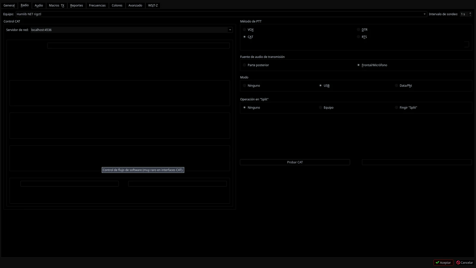 WSJT-X radio configuration with Hamlib NET rigctl, localhost server on port 4536, and CAT PTT.