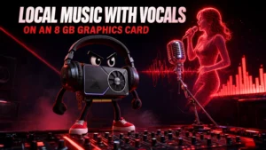 Local AI music generation on an 8 GB graphics card: an angry RTX 2080 SUPER wearing DJ headphones standing on a mixing desk next to a red hologram of a singer with a studio microphone.