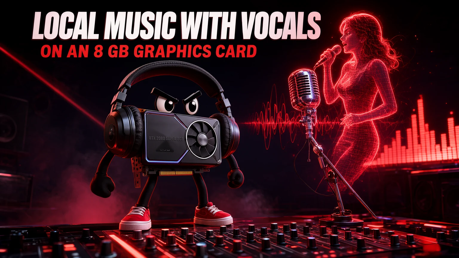 Local AI music generation on an 8 GB graphics card: an angry RTX 2080 SUPER wearing DJ headphones standing on a mixing desk next to a red hologram of a singer with a studio microphone.
