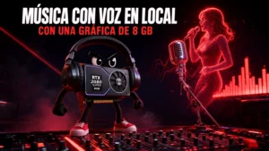 Música con IA local con una gráfica de 8 GB: una RTX 2080 SUPER con cascos de DJ y cara enfadada, de pie sobre una mesa de mezclas, junto al holograma rojo de una cantante con un micrófono de estudio.