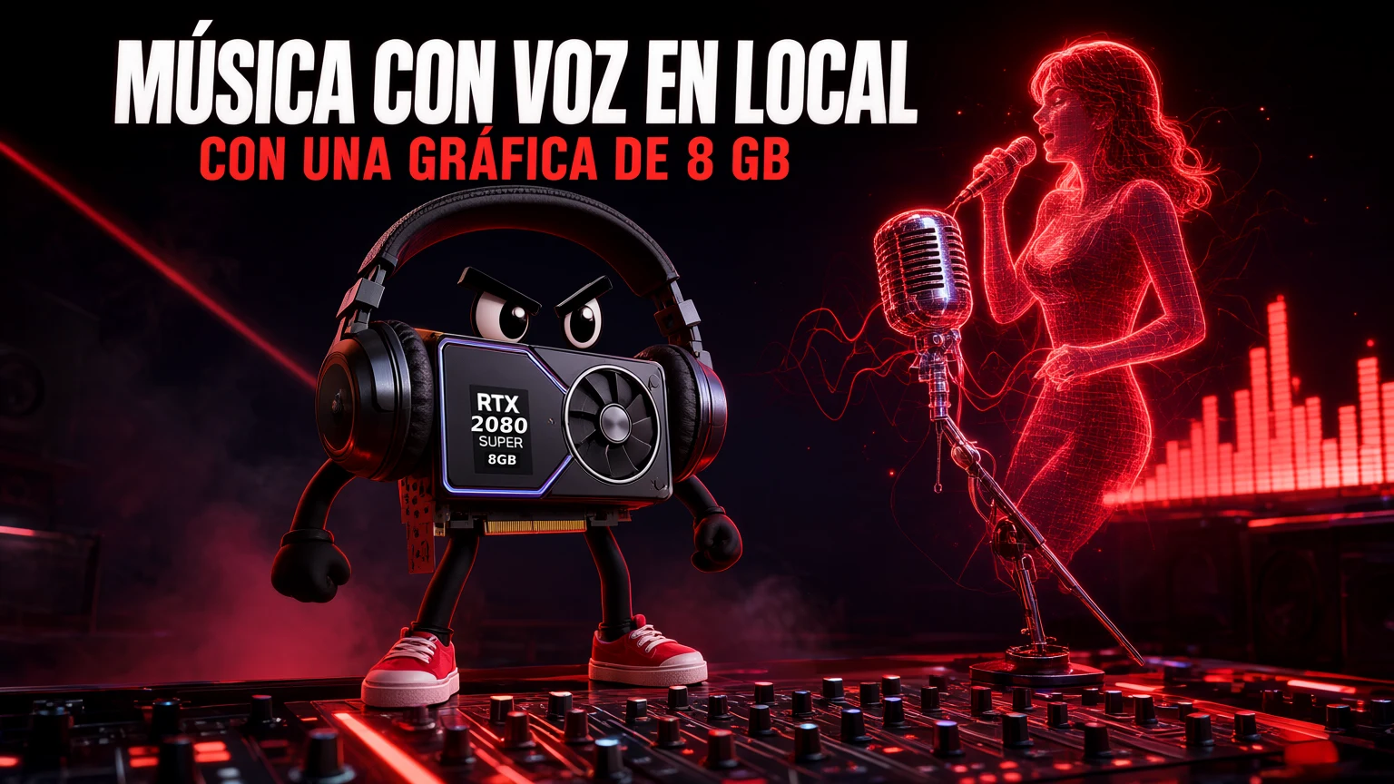 Música con IA local con una gráfica de 8 GB: una RTX 2080 SUPER con cascos de DJ y cara enfadada, de pie sobre una mesa de mezclas, junto al holograma rojo de una cantante con un micrófono de estudio.