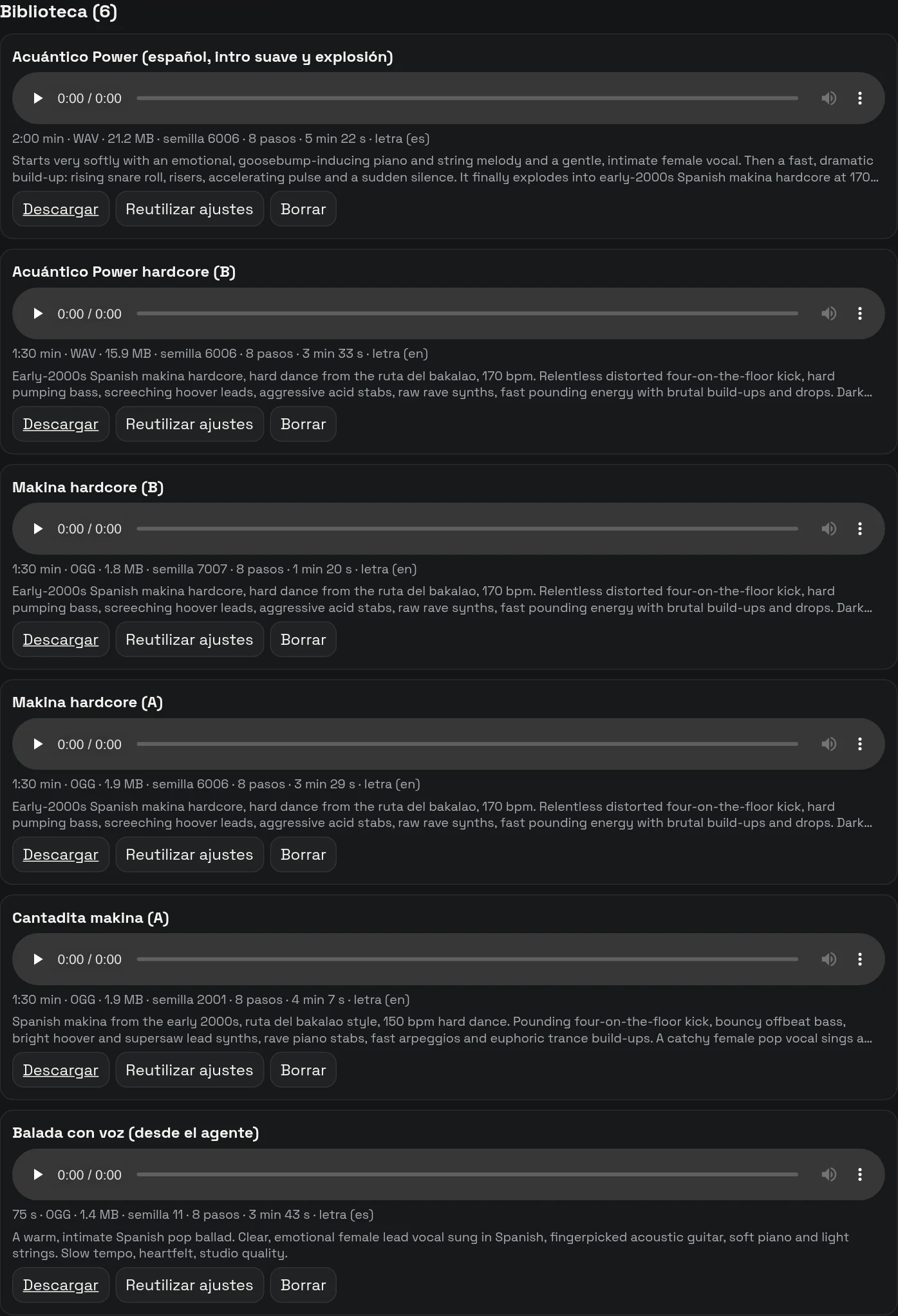 Adolfo-BPM library with the generated songs, their player, download and the options to reuse settings and delete.