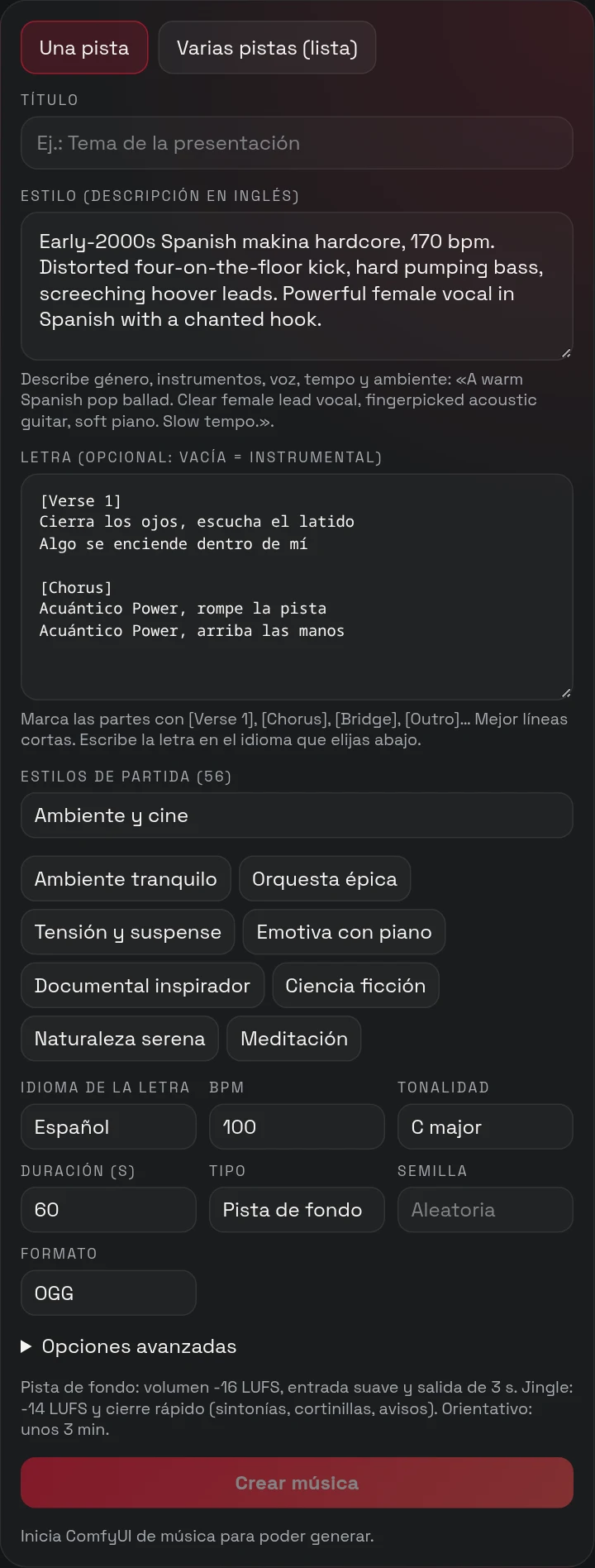 Formulario de Adolfo-BPM con una descripción de estilo, una letra con marcas [Verse 1] y [Chorus], el idioma, el BPM, la tonalidad y las opciones avanzadas.