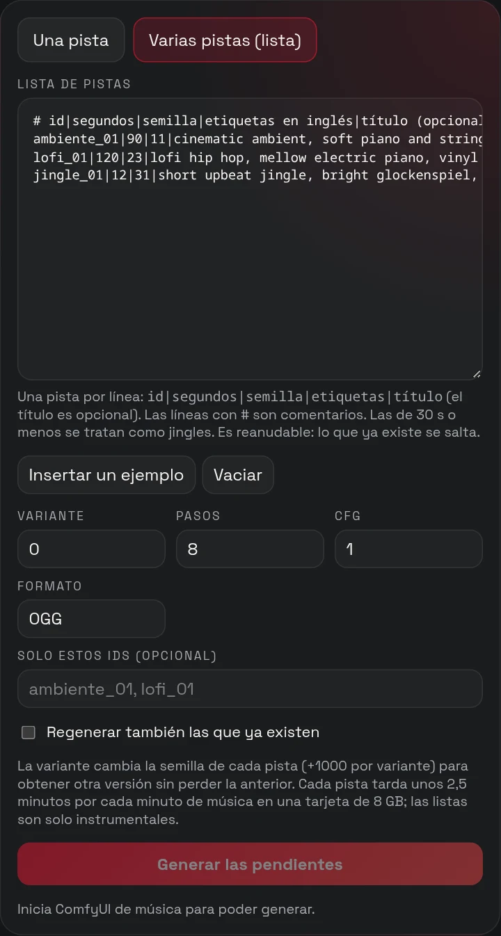Modo «Varias pistas» de Adolfo-BPM: una lista con una pista por línea, con variante, formato y regeneración opcional.
