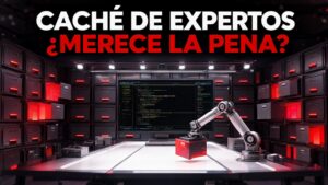Caché de expertos, ¿merece la pena?: un brazo robótico saca un cajón rojo encendido de un muro de archivadores y lo deja en una mesa de trabajo blanca, con un monitor de código detrás