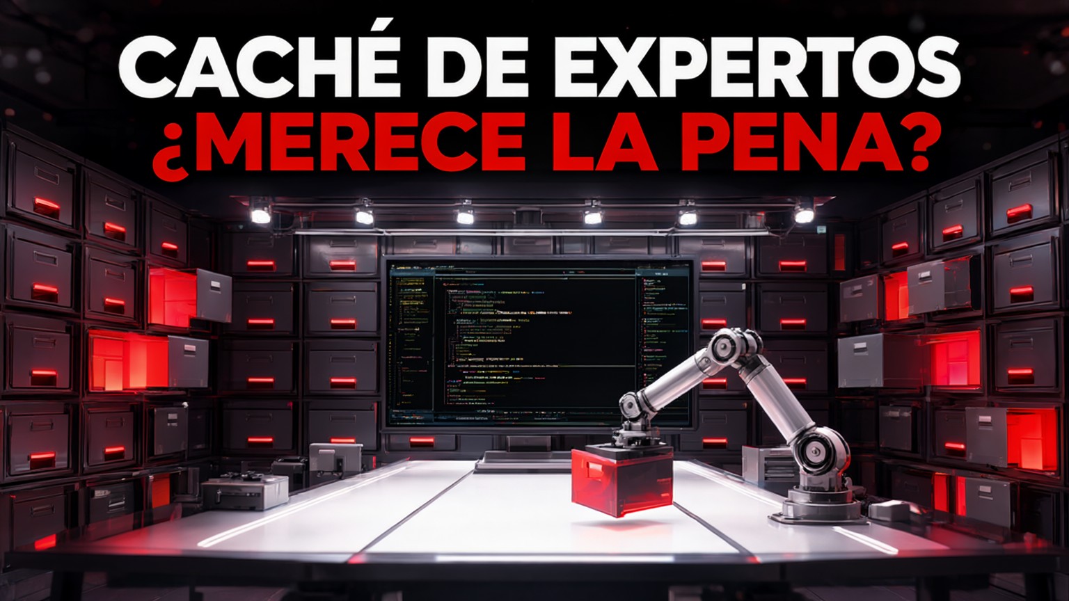 Caché de expertos, ¿merece la pena?: un brazo robótico saca un cajón rojo encendido de un muro de archivadores y lo deja en una mesa de trabajo blanca, con un monitor de código detrás