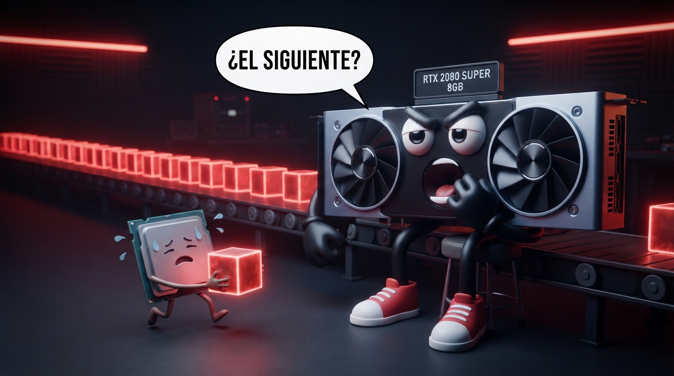 Viñeta: la RTX 2080 SUPER bosteza aburrida preguntando «¿El siguiente?» mientras un procesador agotado le lleva los pasos de uno en uno: el cuello de botella es la CPU.