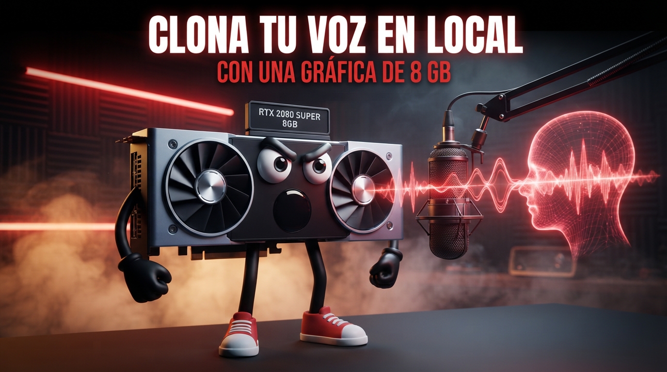 Clonación de voz en local con una gráfica de 8 GB: la mascota RTX 2080 SUPER habla a un micrófono de estudio y su voz se convierte en una cabeza hecha de ondas de sonido rojas.