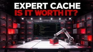 Expert cache: is it worth it? A robotic arm pulls a glowing red drawer out of a wall of filing cabinets and places it on a white workbench, with a code monitor behind it