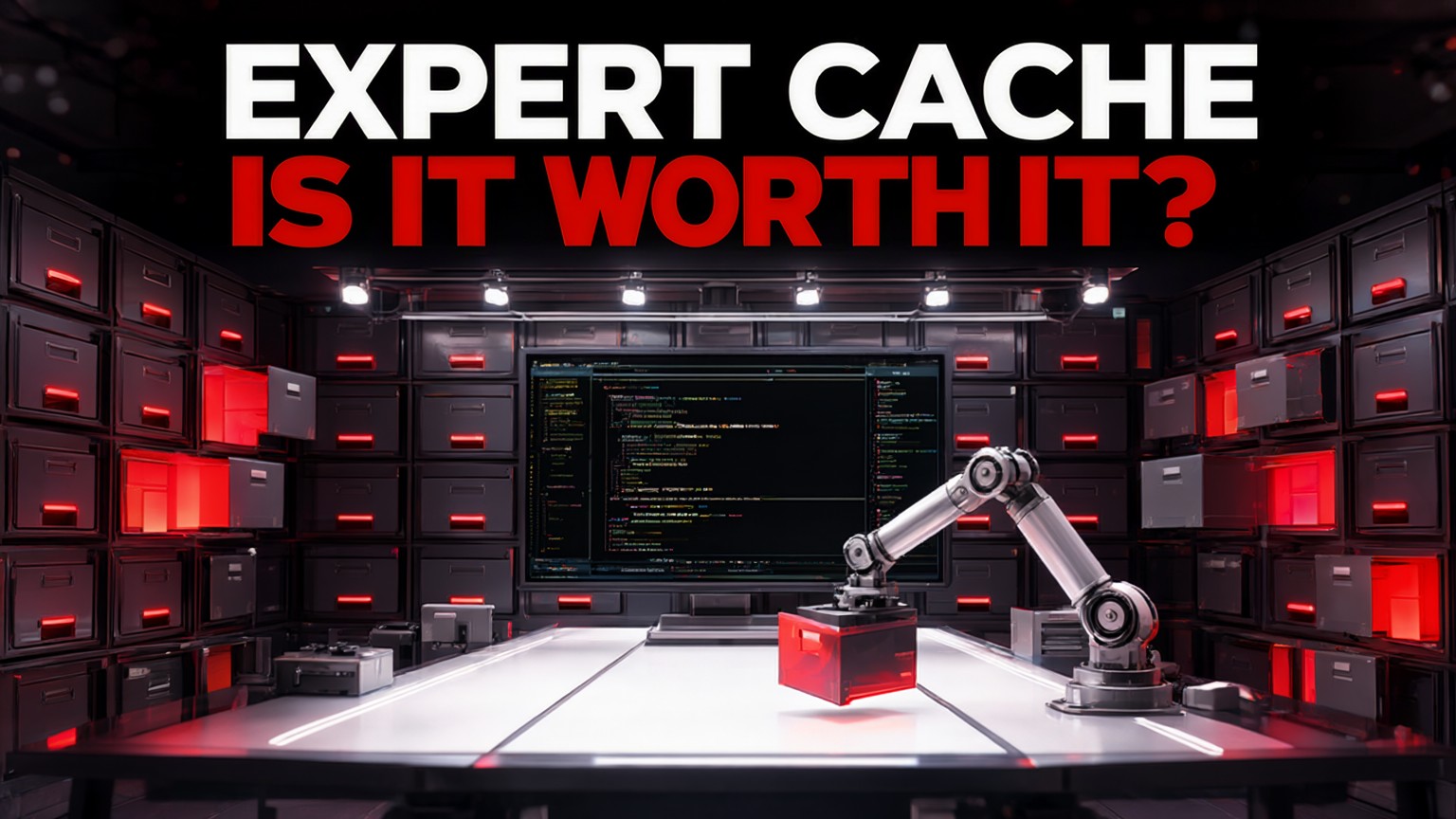 Expert cache: is it worth it? A robotic arm pulls a glowing red drawer out of a wall of filing cabinets and places it on a white workbench, with a code monitor behind it