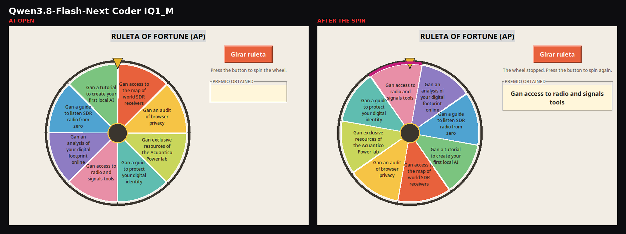 Roulette wheel generated by Qwen3.8-Flash-Next, at launch and after the spin, with the prizes in English