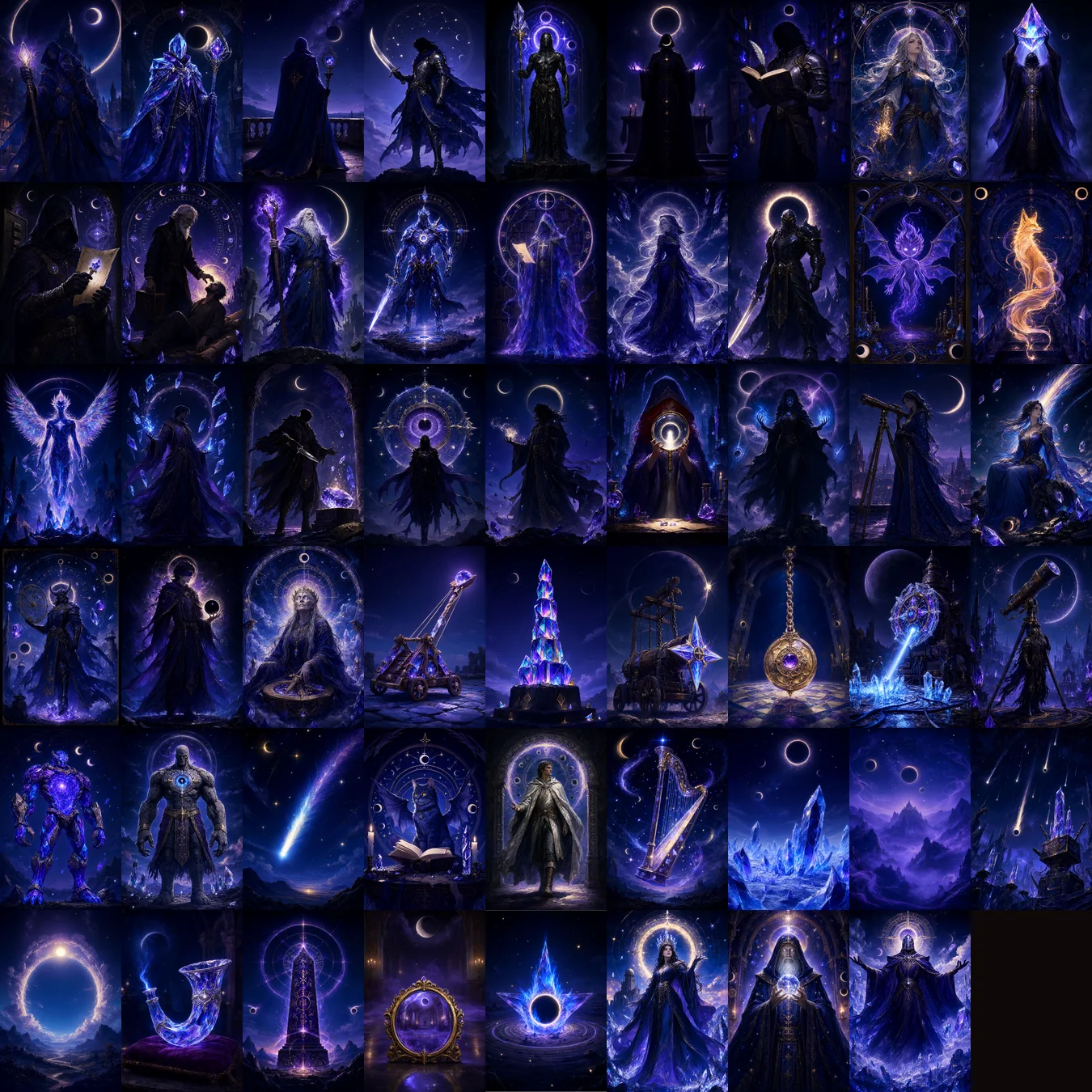 Mosaic with the illustrations of all the Arcane Circle cards: mages, constructs and light creatures under blue night skies.