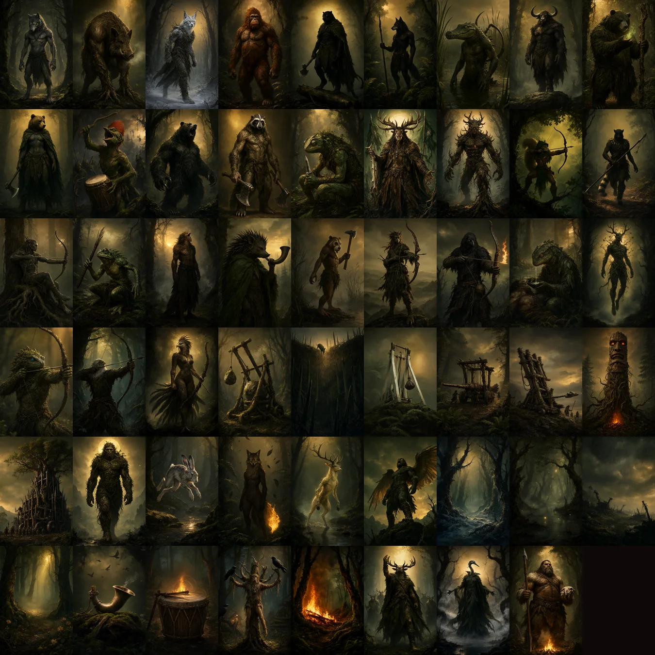 Mosaic with the illustrations of all the Wild Clans cards: metahumans with animal traits in an old, damp, dark forest.