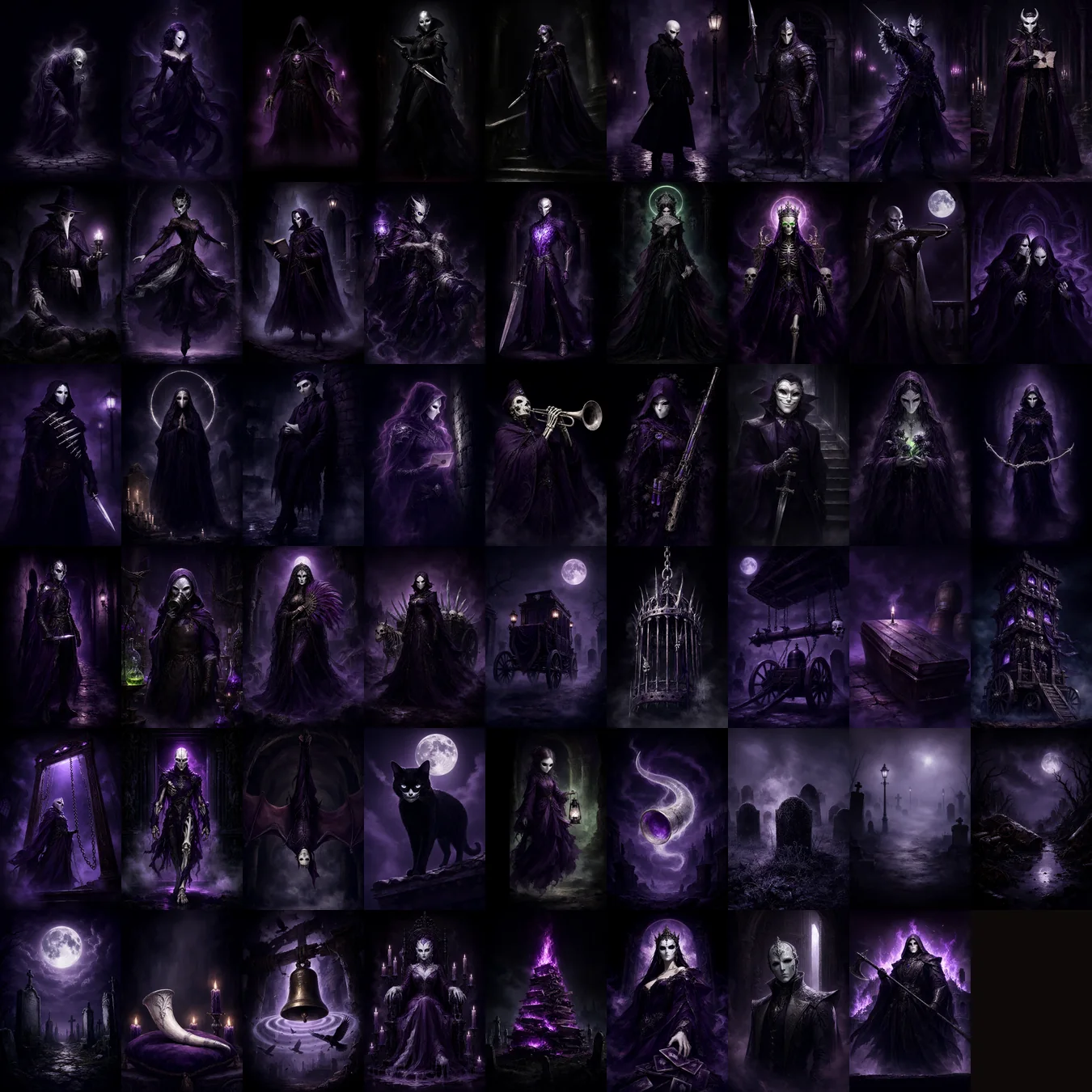 Mosaic with the illustrations of all the Court of Umbra cards: masked figures, spies and shadows in violet fog.